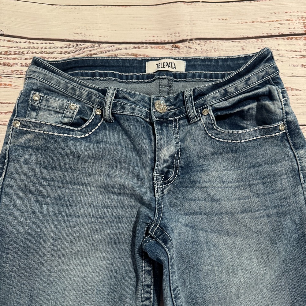 Telepatia Denim Jeans Light Wash Ankle Distressed Flair Womens 5/29 (Fits 27x28) - Picture 2 of 16